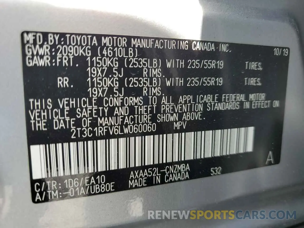 14 Photograph of a damaged car 2T3C1RFV6LW060060 TOYOTA RAV4 2020