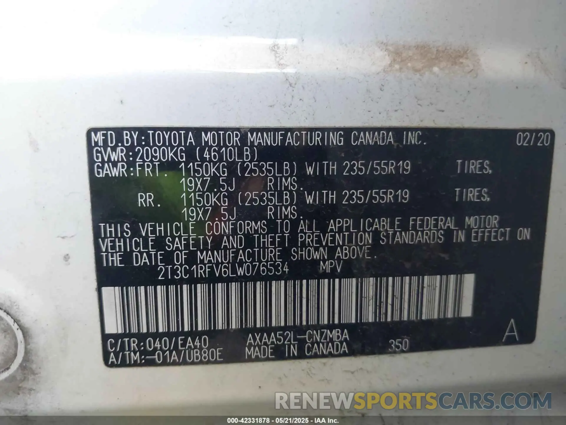 9 Photograph of a damaged car 2T3C1RFV6LW076534 TOYOTA RAV4 2020