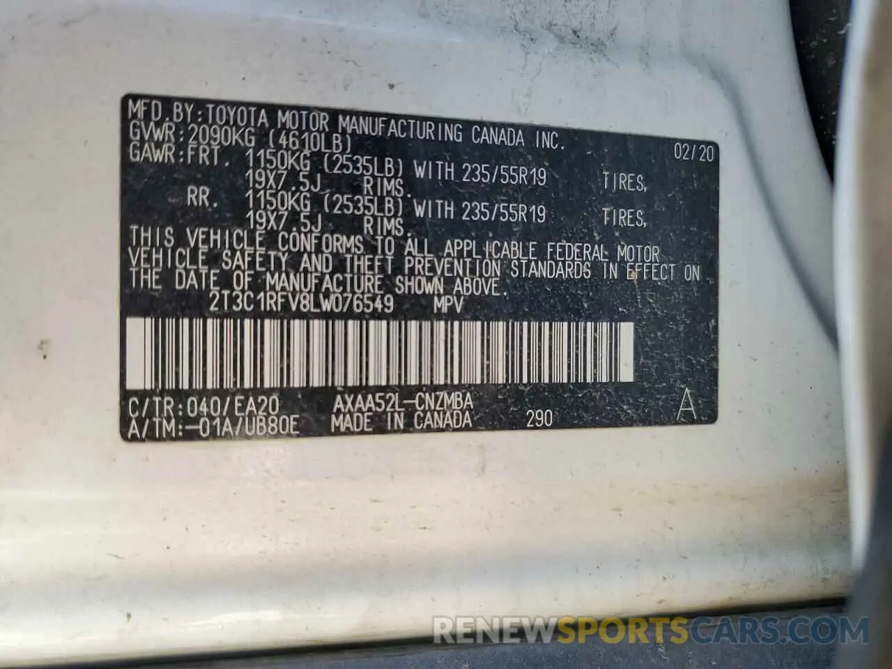 13 Фотография поврежденного автомобиля 2T3C1RFV8LW076549 TOYOTA RAV4 2020