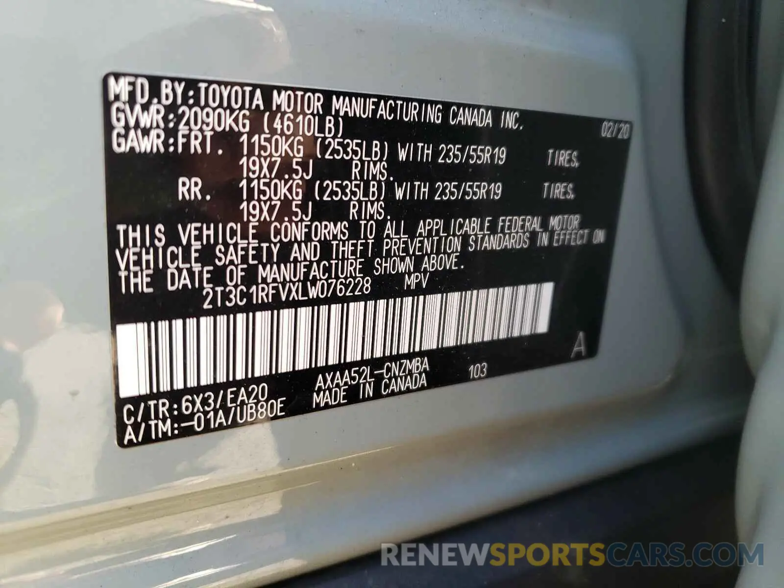 10 Photograph of a damaged car 2T3C1RFVXLW076228 TOYOTA RAV4 2020