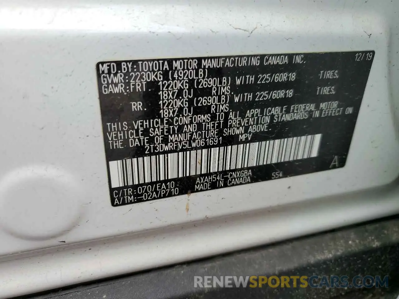 14 Фотография поврежденного автомобиля 2T3DWRFV5LW061691 TOYOTA RAV4 2020