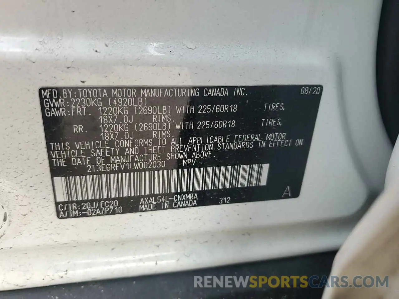 13 Фотография поврежденного автомобиля 2T3E6RFV1LW002030 TOYOTA RAV4 2020