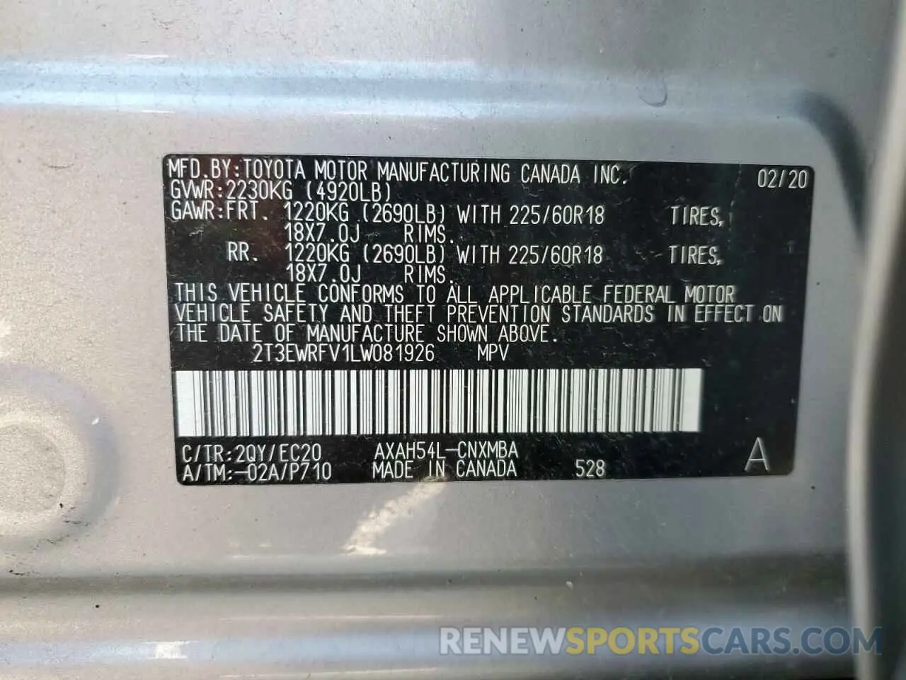 14 Фотография поврежденного автомобиля 2T3EWRFV1LW081926 TOYOTA RAV4 2020