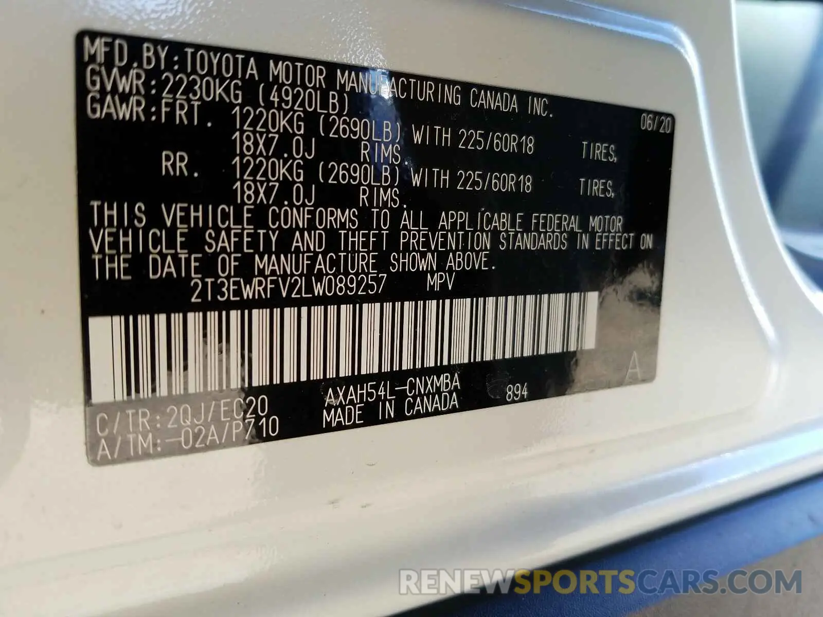 10 Photograph of a damaged car 2T3EWRFV2LW089257 TOYOTA RAV4 2020