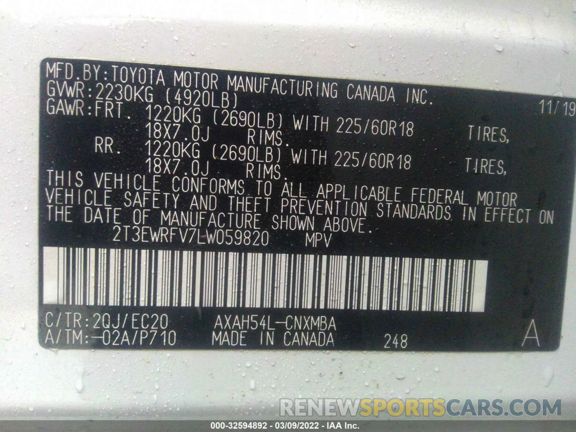 9 Photograph of a damaged car 2T3EWRFV7LW059820 TOYOTA RAV4 2020