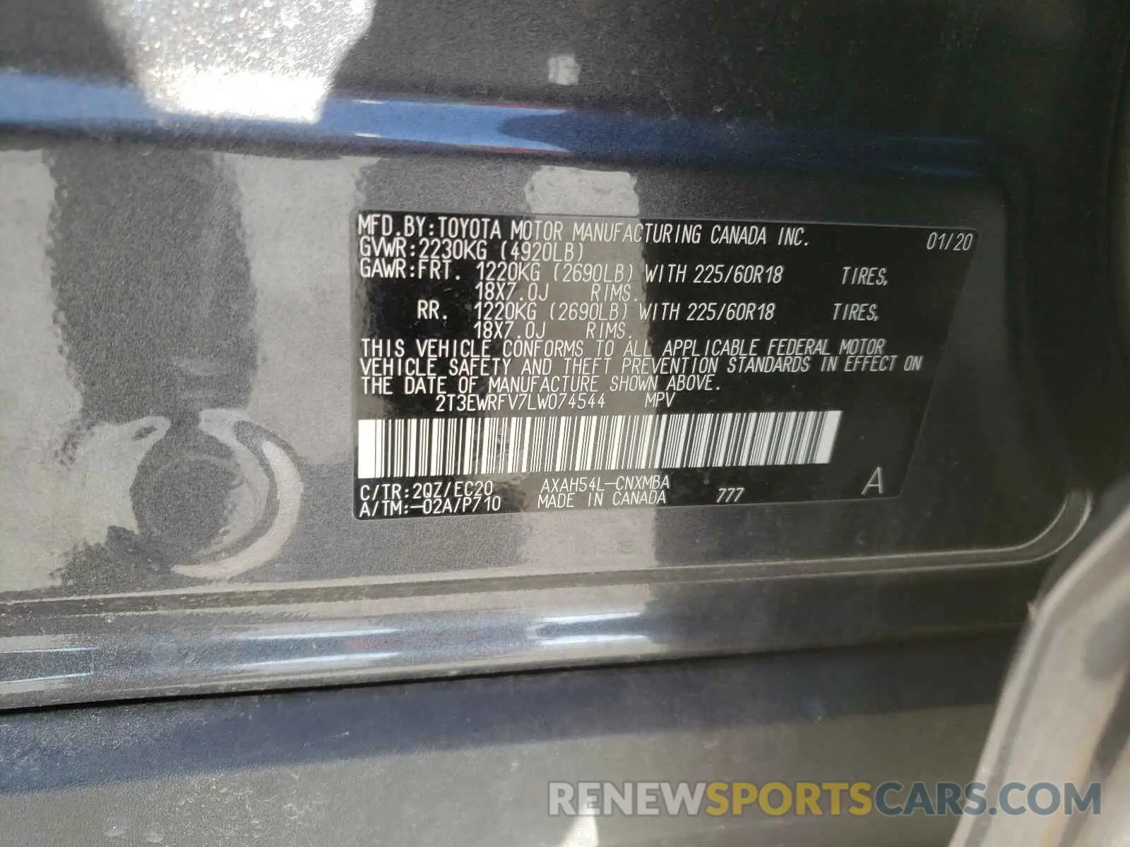 10 Photograph of a damaged car 2T3EWRFV7LW074544 TOYOTA RAV4 2020