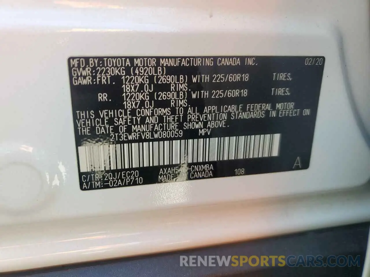13 Photograph of a damaged car 2T3EWRFV8LW080059 TOYOTA RAV4 2020