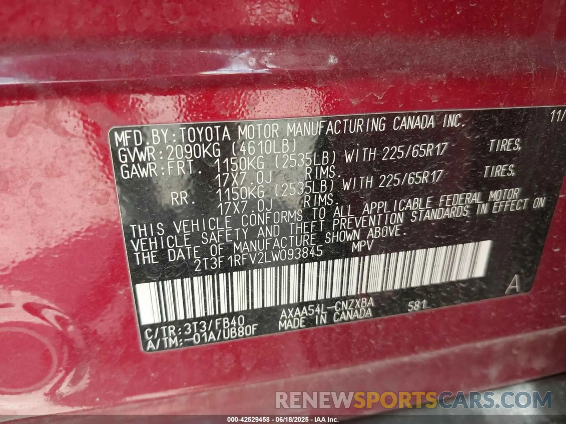 9 Photograph of a damaged car 2T3F1RFV2LW093845 TOYOTA RAV4 2020