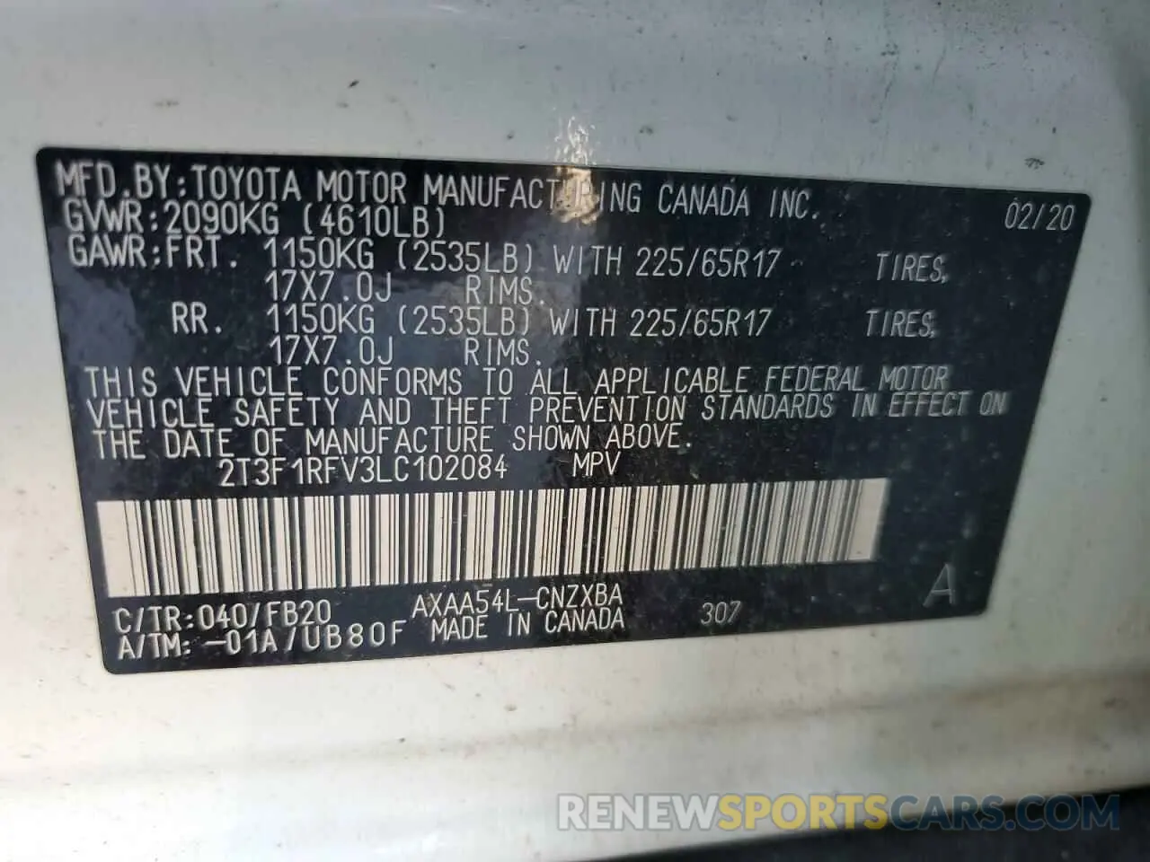 13 Photograph of a damaged car 2T3F1RFV3LC102084 TOYOTA RAV4 2020
