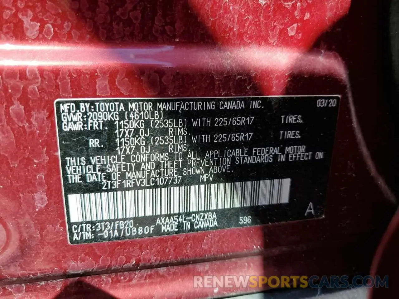 10 Фотография поврежденного автомобиля 2T3F1RFV3LC107737 TOYOTA RAV4 2020