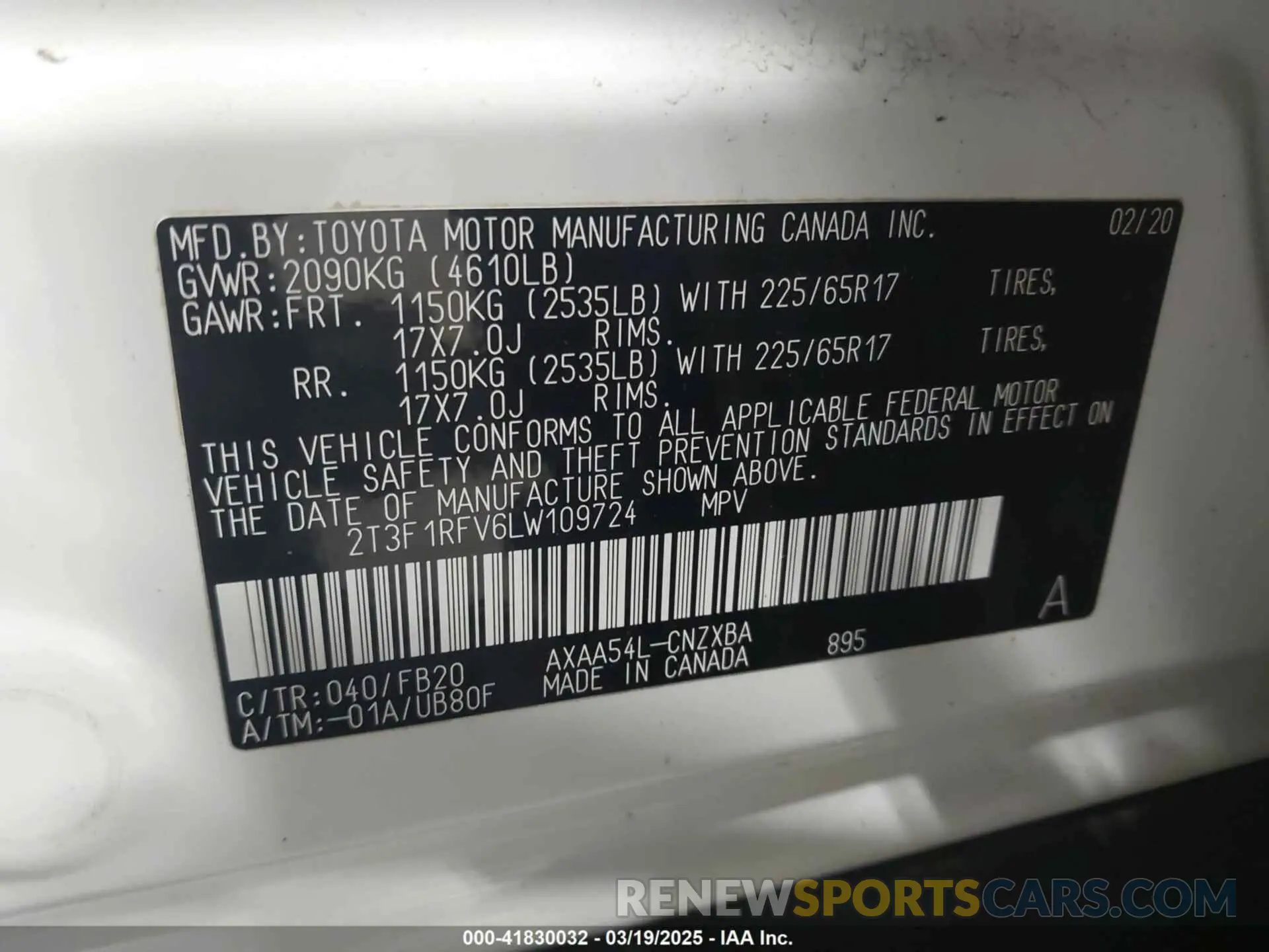 9 Фотография поврежденного автомобиля 2T3F1RFV6LW109724 TOYOTA RAV4 2020