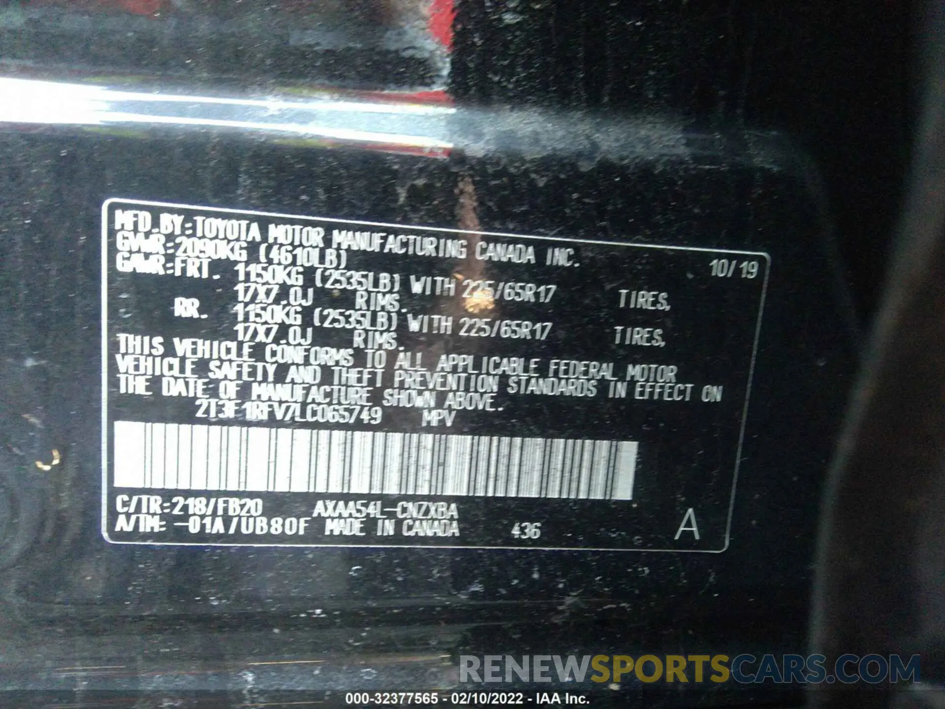 9 Photograph of a damaged car 2T3F1RFV7LC065749 TOYOTA RAV4 2020