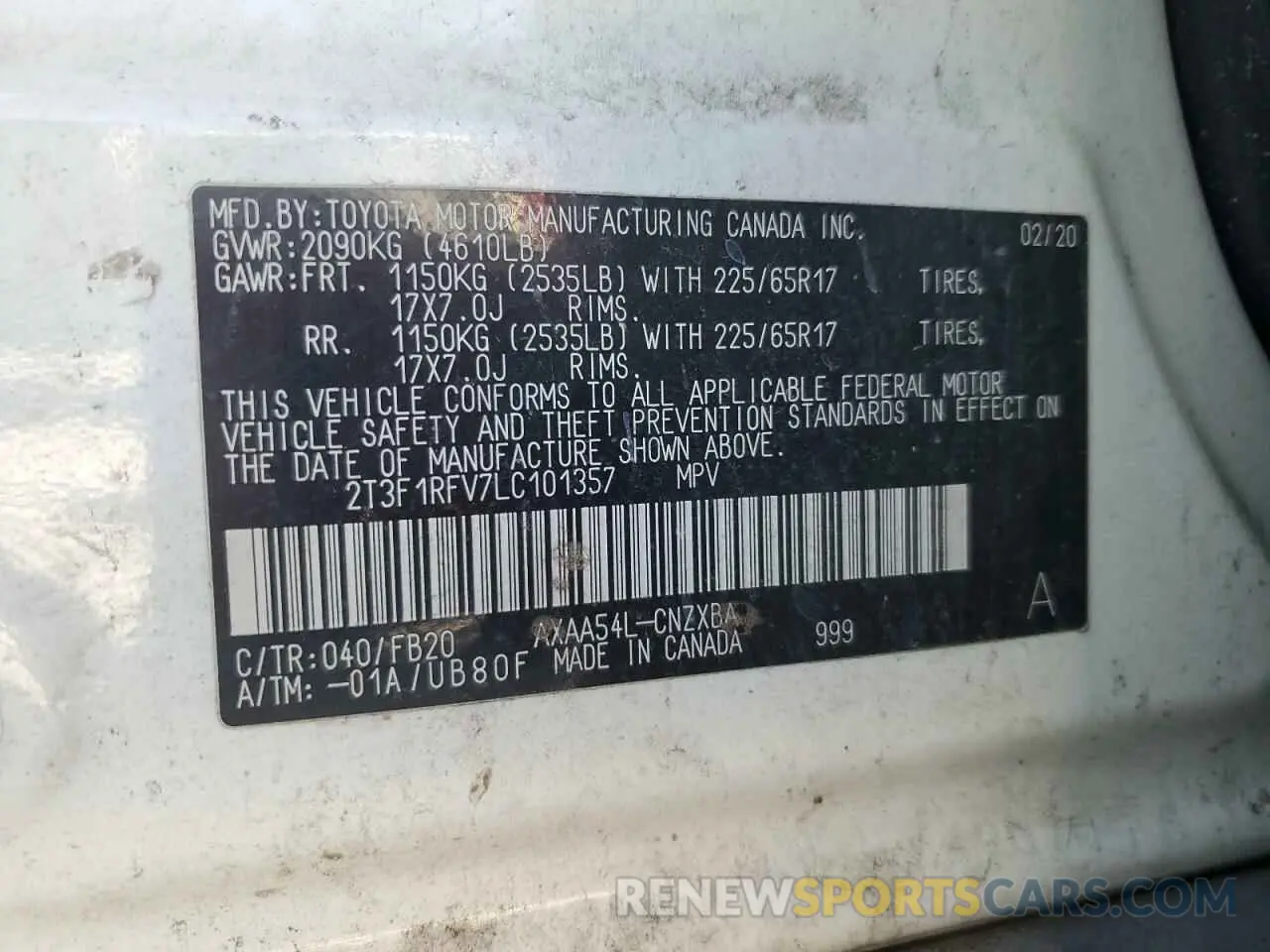 13 Photograph of a damaged car 2T3F1RFV7LC101357 TOYOTA RAV4 2020