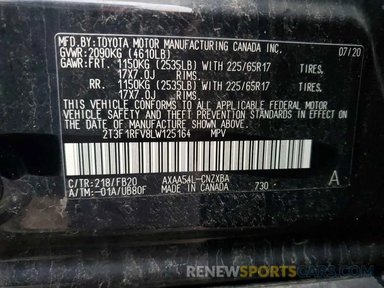 14 Photograph of a damaged car 2T3F1RFV8LW125164 TOYOTA RAV4 2020