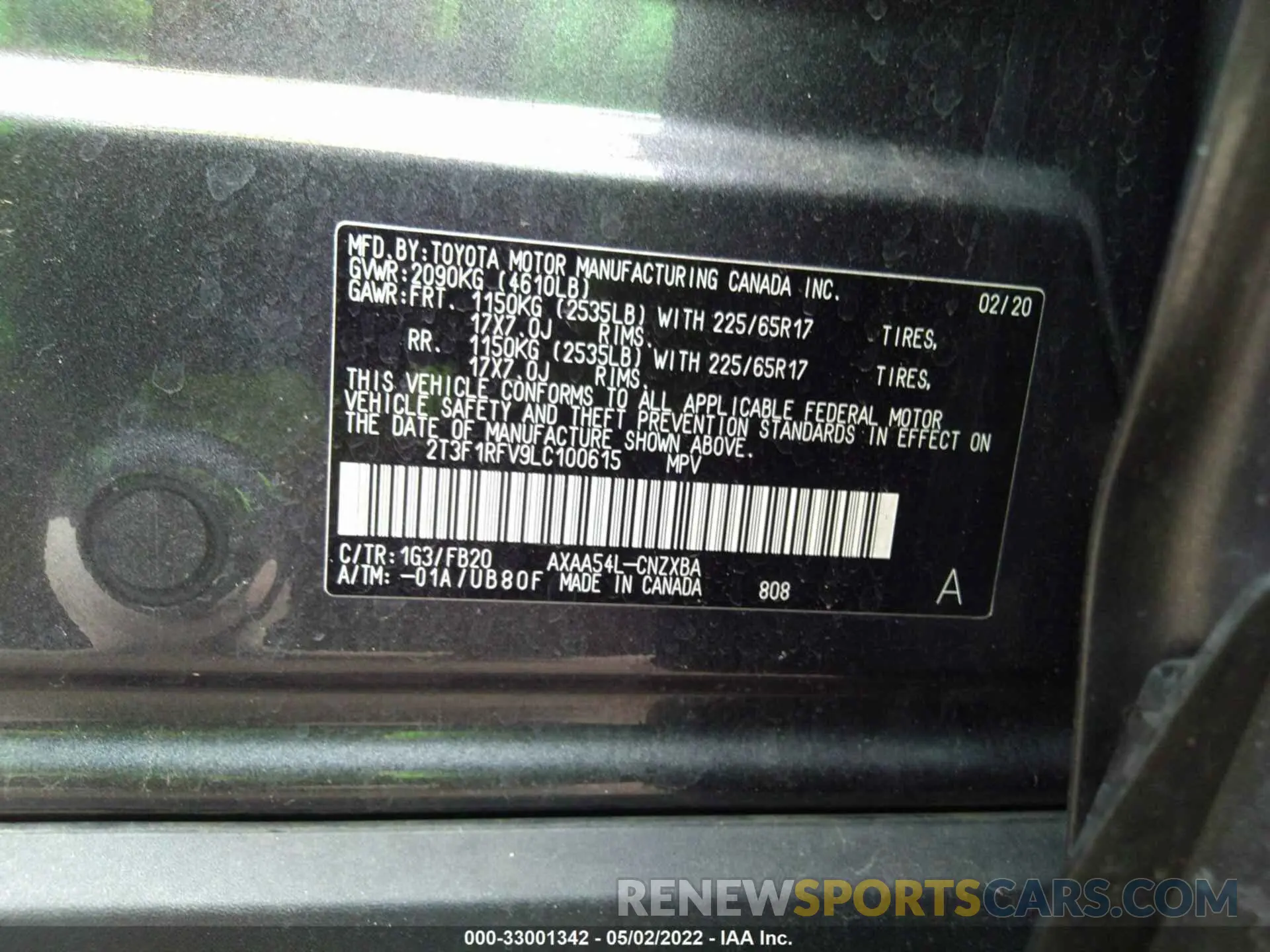 9 Photograph of a damaged car 2T3F1RFV9LC100615 TOYOTA RAV4 2020