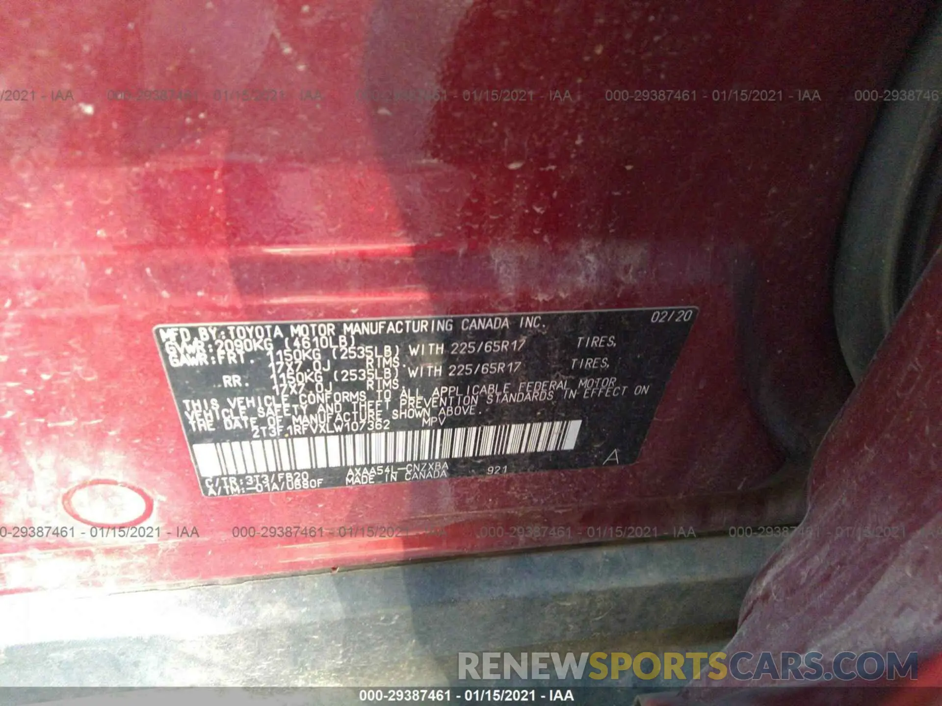 9 Photograph of a damaged car 2T3F1RFVXLW107362 TOYOTA RAV4 2020