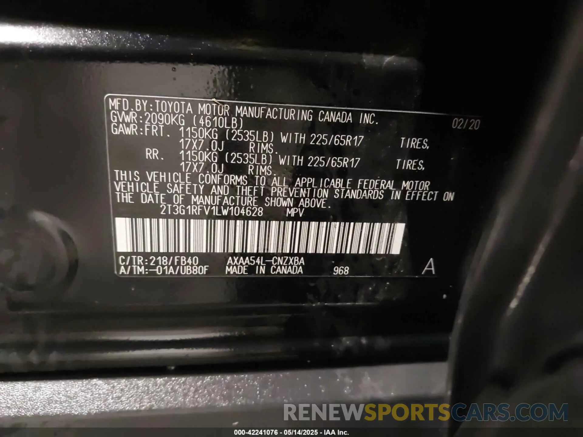 9 Фотография поврежденного автомобиля 2T3G1RFV1LW104628 TOYOTA RAV4 2020