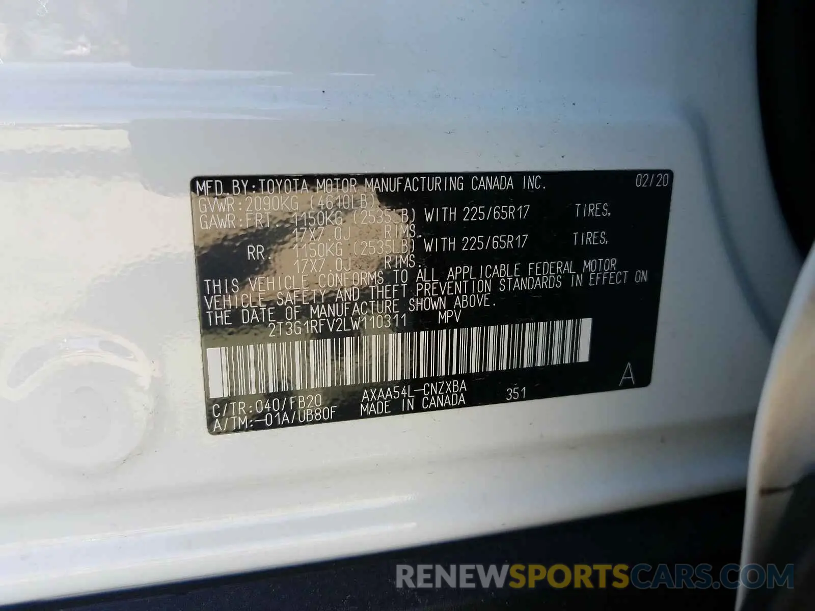 10 Photograph of a damaged car 2T3G1RFV2LW110311 TOYOTA RAV4 2020