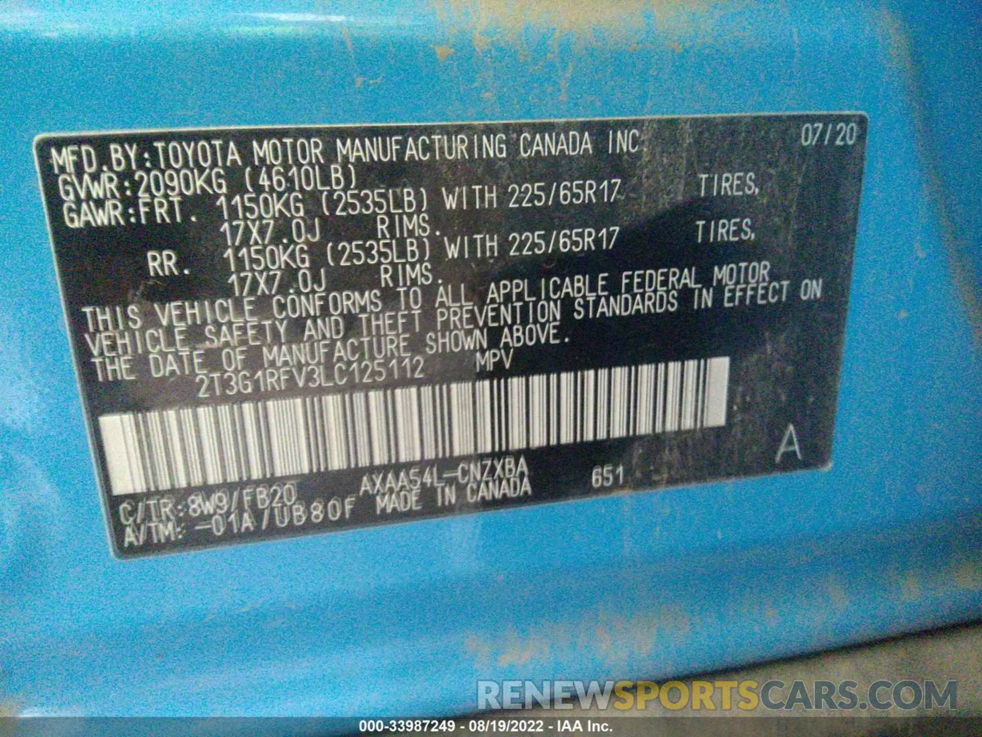 9 Фотография поврежденного автомобиля 2T3G1RFV3LC125112 TOYOTA RAV4 2020