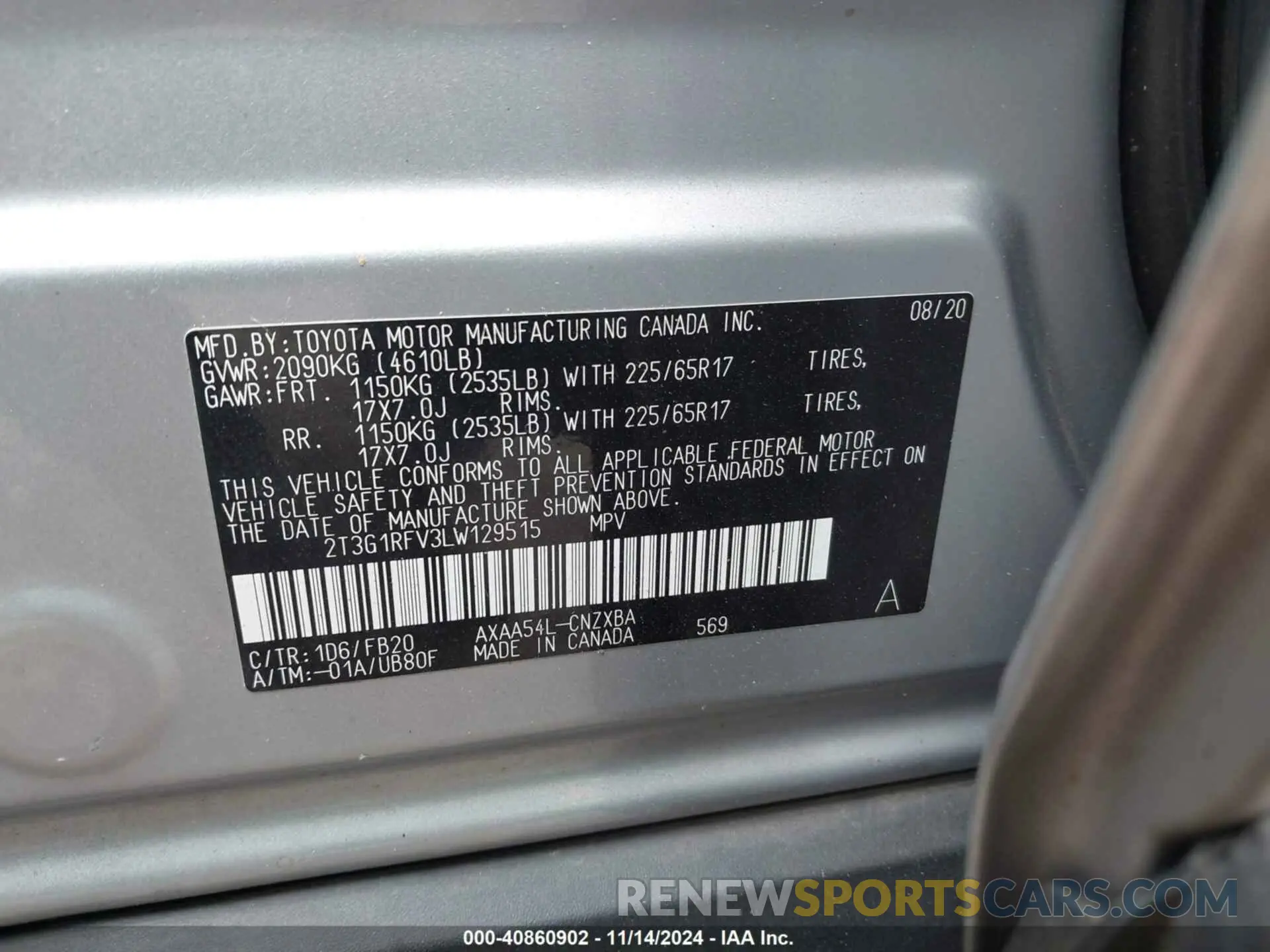 9 Photograph of a damaged car 2T3G1RFV3LW129515 TOYOTA RAV4 2020