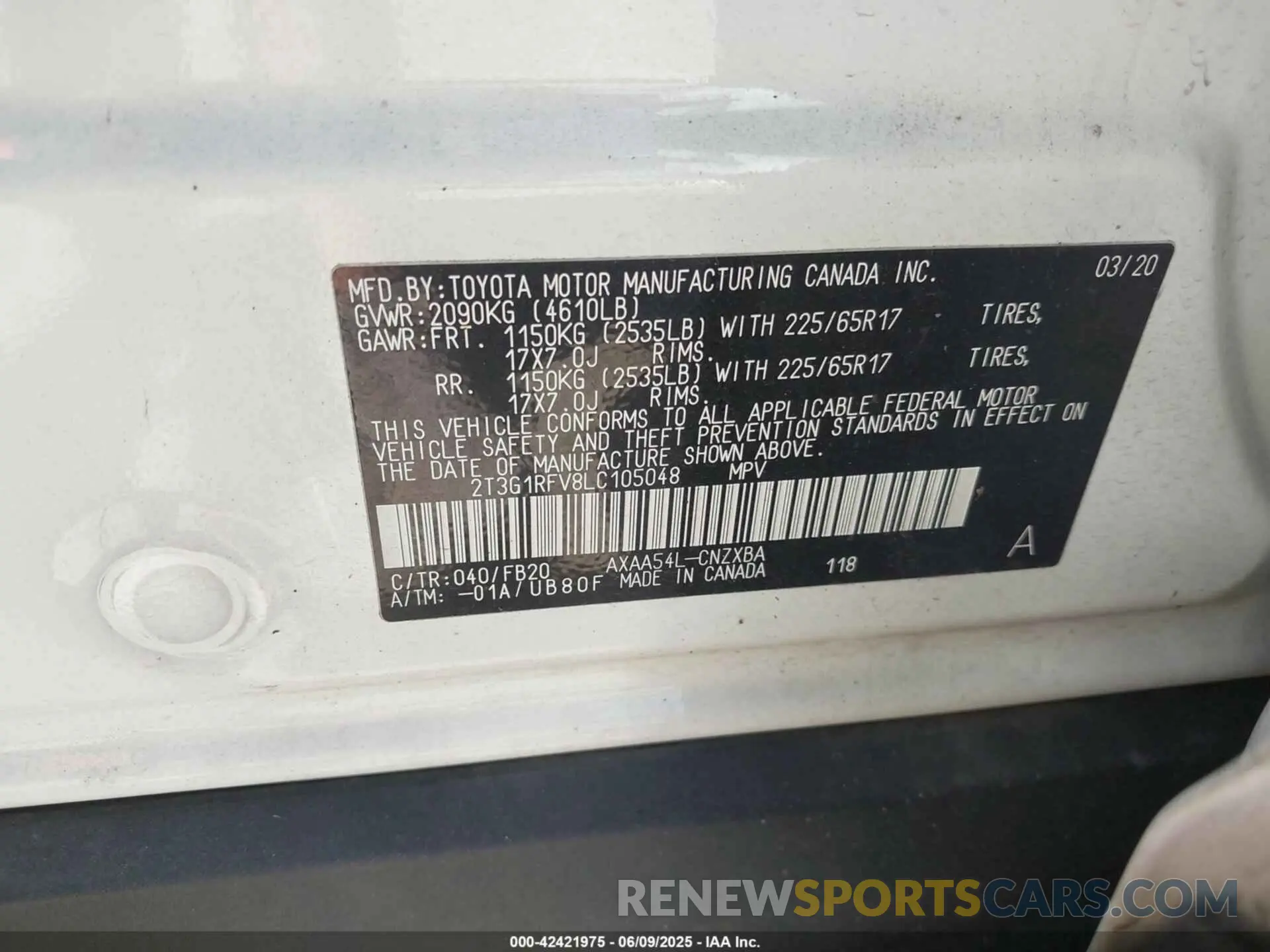 9 Photograph of a damaged car 2T3G1RFV8LC105048 TOYOTA RAV4 2020