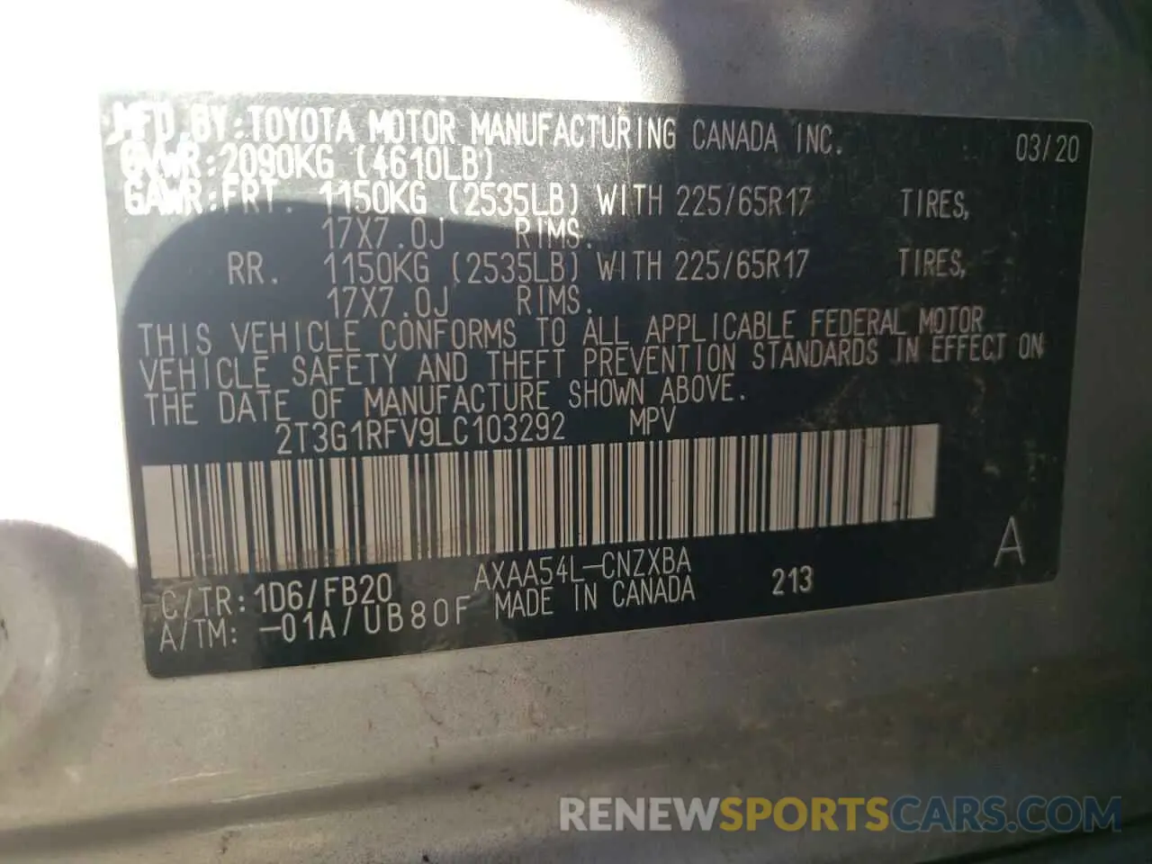 10 Фотография поврежденного автомобиля 2T3G1RFV9LC103292 TOYOTA RAV4 2020