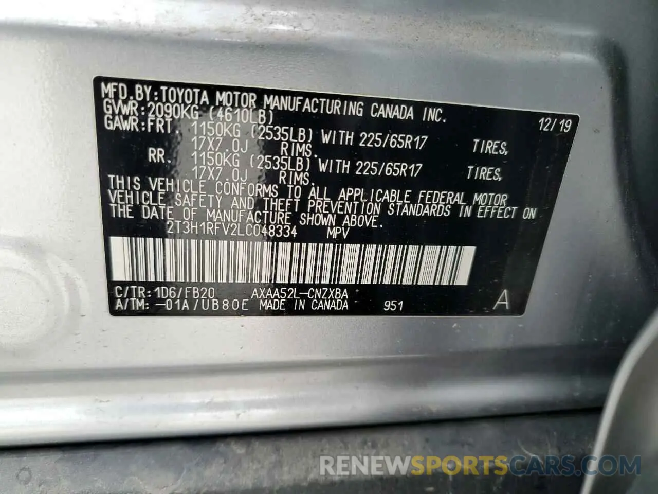 13 Photograph of a damaged car 2T3H1RFV2LC048334 TOYOTA RAV4 2020