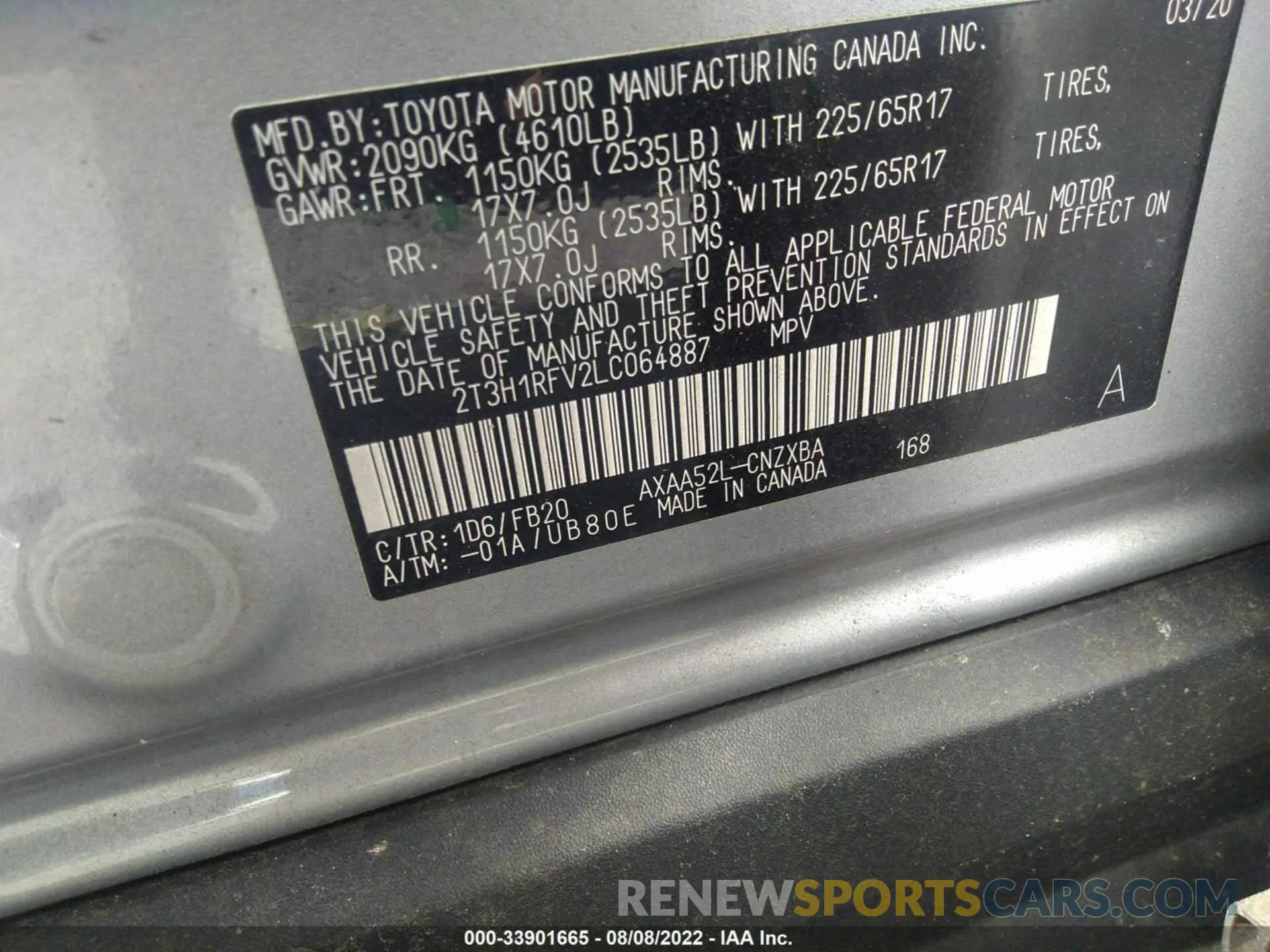 9 Photograph of a damaged car 2T3H1RFV2LC064887 TOYOTA RAV4 2020