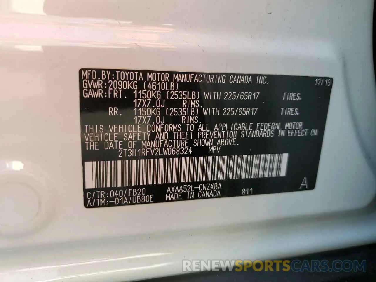 13 Photograph of a damaged car 2T3H1RFV2LW068324 TOYOTA RAV4 2020