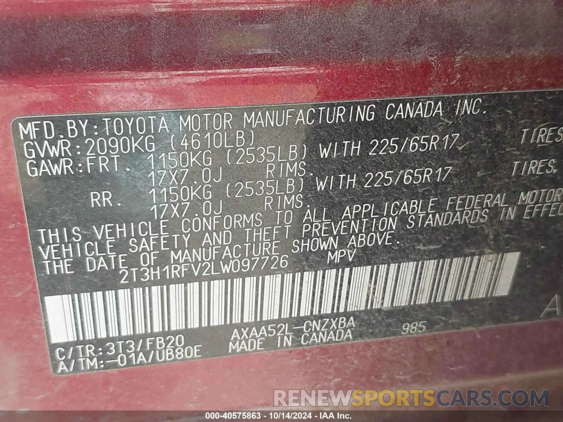 9 Photograph of a damaged car 2T3H1RFV2LW097726 TOYOTA RAV4 2020