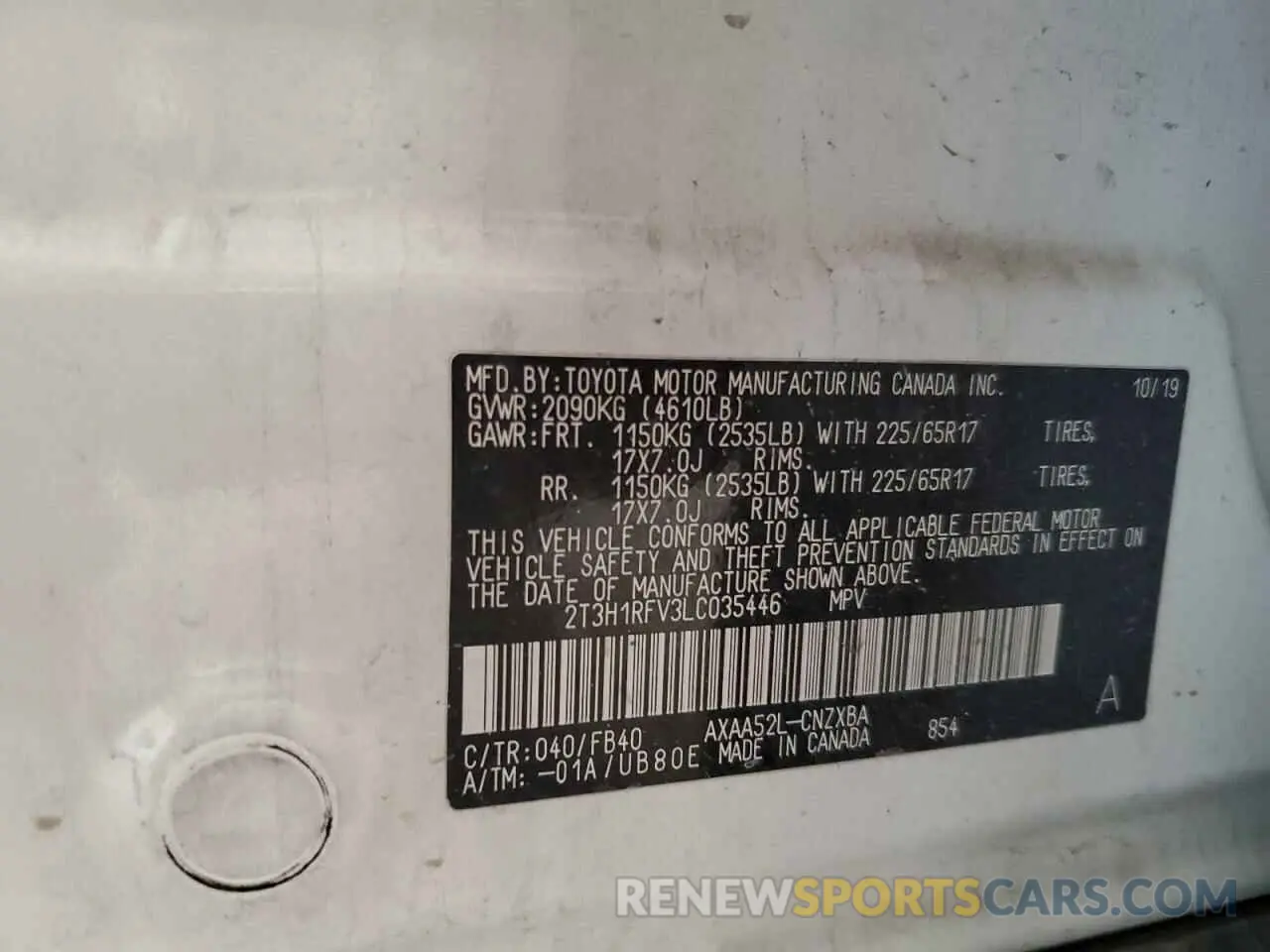 13 Photograph of a damaged car 2T3H1RFV3LC035446 TOYOTA RAV4 2020