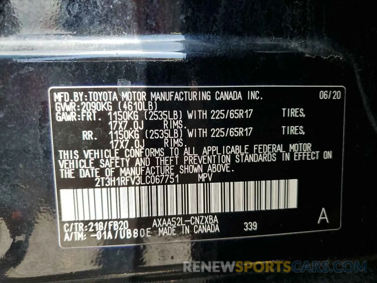 13 Photograph of a damaged car 2T3H1RFV3LC067751 TOYOTA RAV4 2020