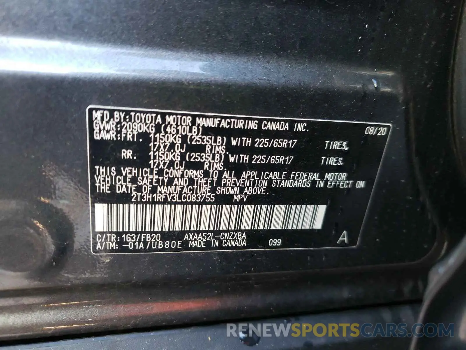 10 Photograph of a damaged car 2T3H1RFV3LC083755 TOYOTA RAV4 2020