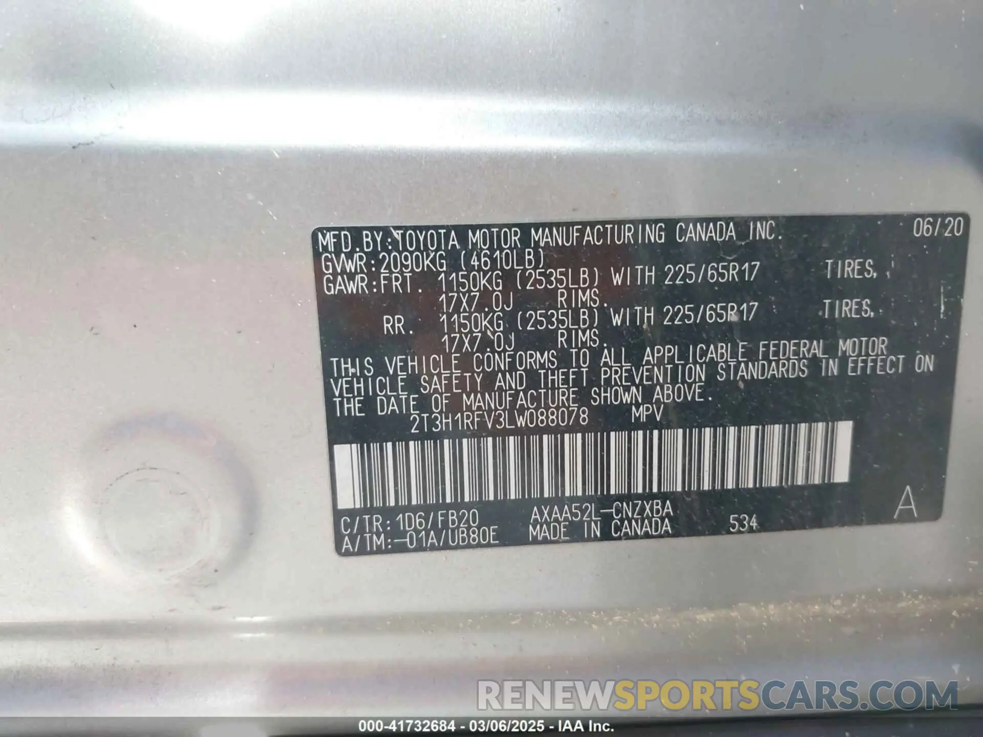 9 Photograph of a damaged car 2T3H1RFV3LW088078 TOYOTA RAV4 2020