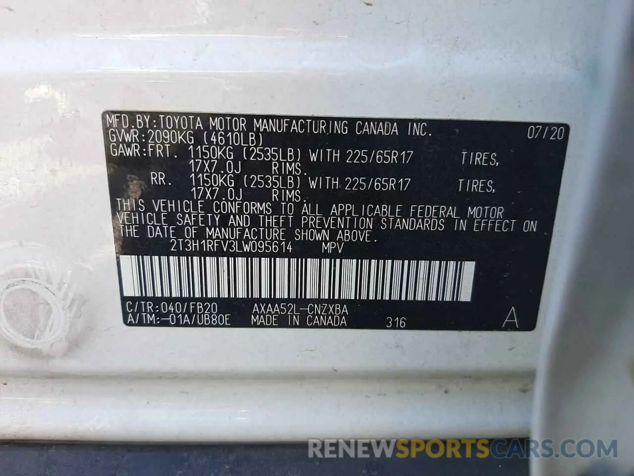10 Фотография поврежденного автомобиля 2T3H1RFV3LW095614 TOYOTA RAV4 2020