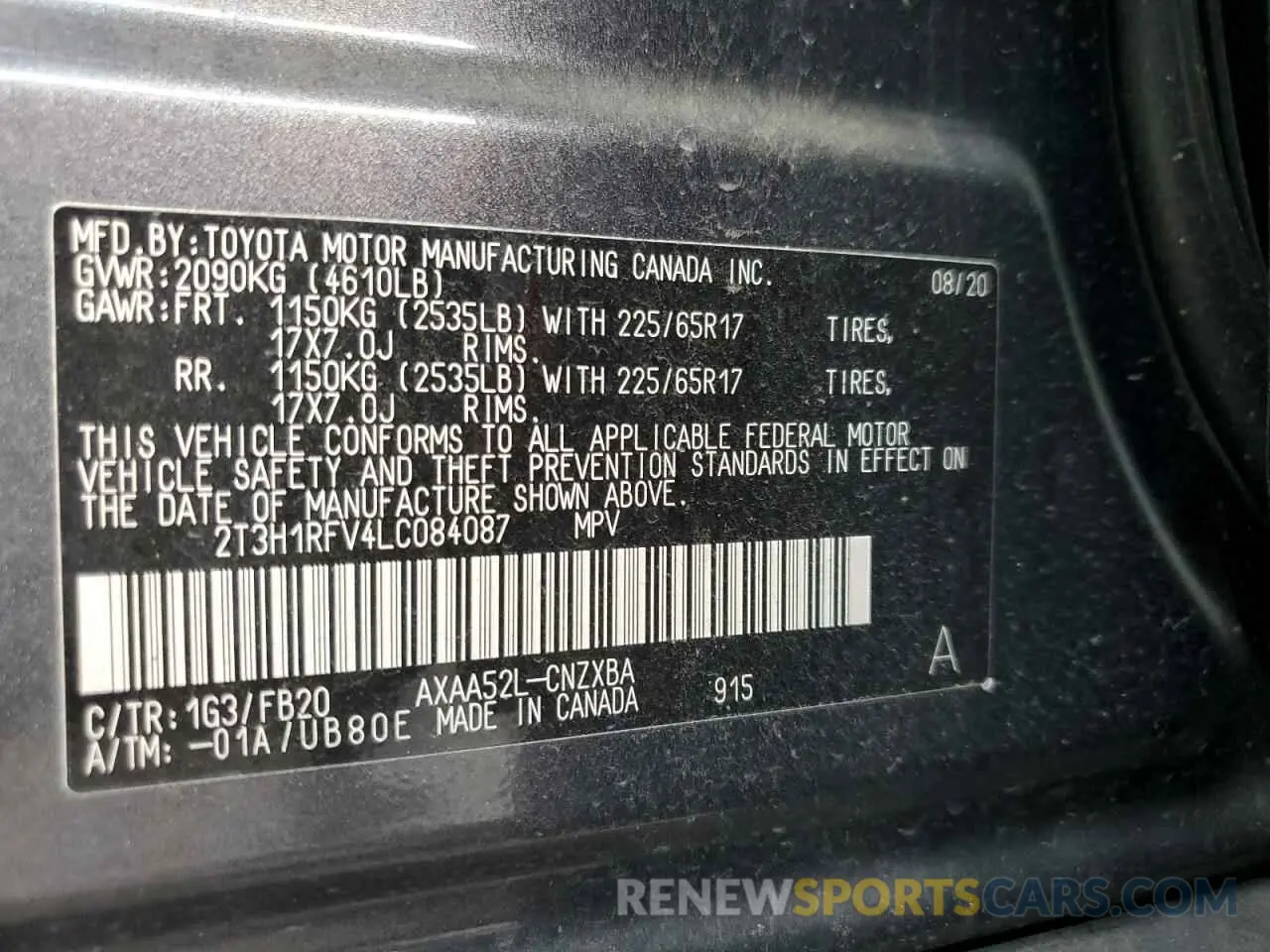 10 Photograph of a damaged car 2T3H1RFV4LC084087 TOYOTA RAV4 2020
