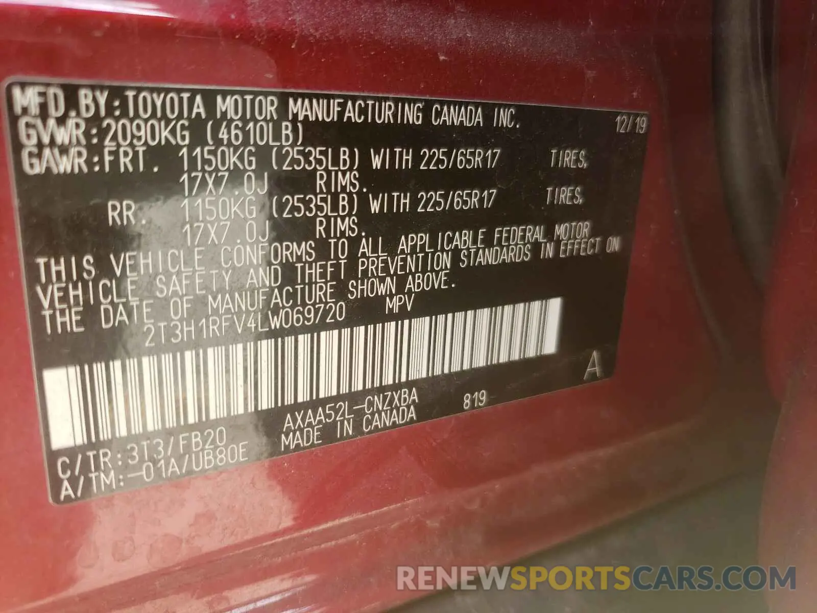 10 Photograph of a damaged car 2T3H1RFV4LW069720 TOYOTA RAV4 2020