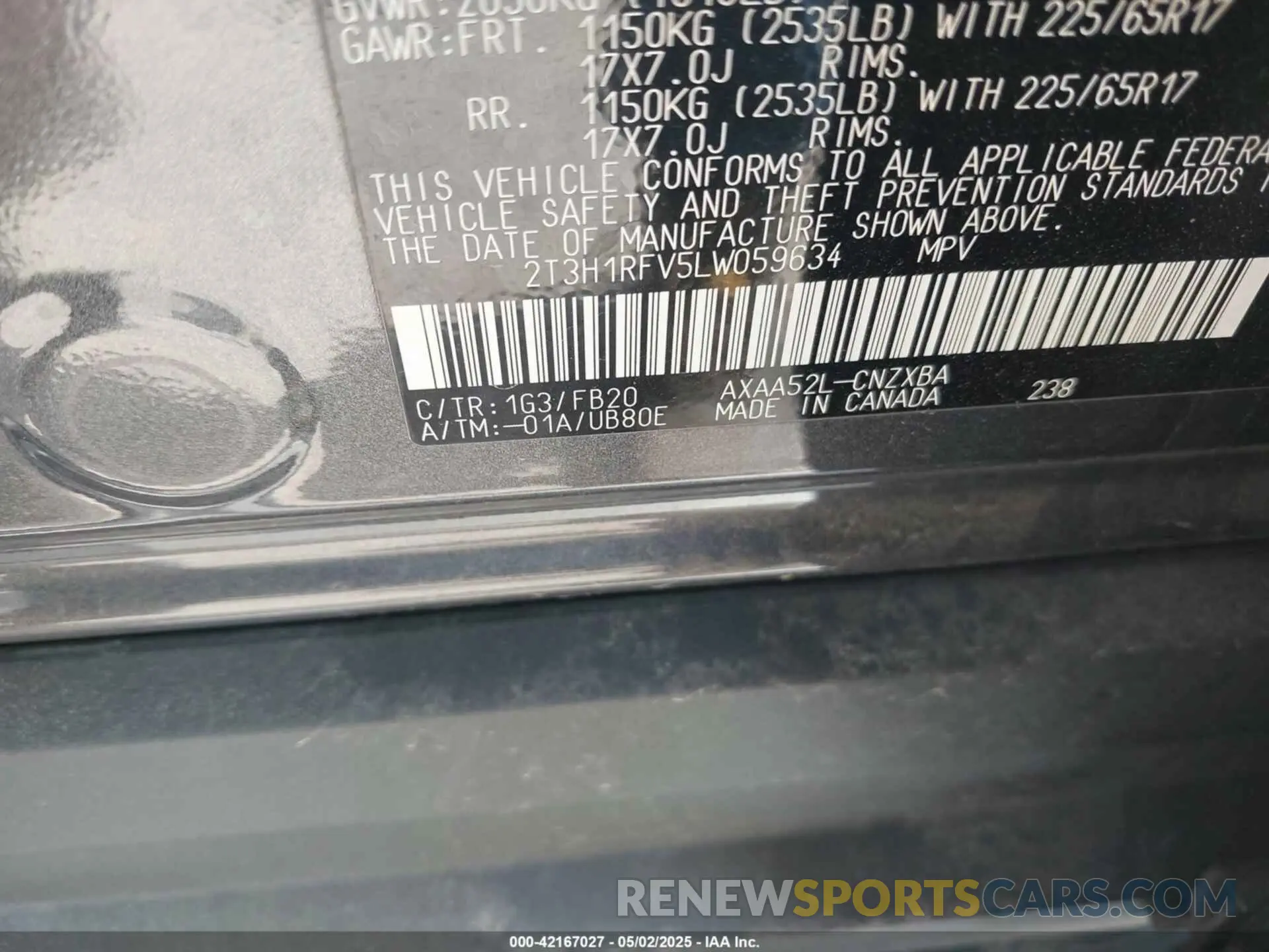 9 Photograph of a damaged car 2T3H1RFV5LW059634 TOYOTA RAV4 2020