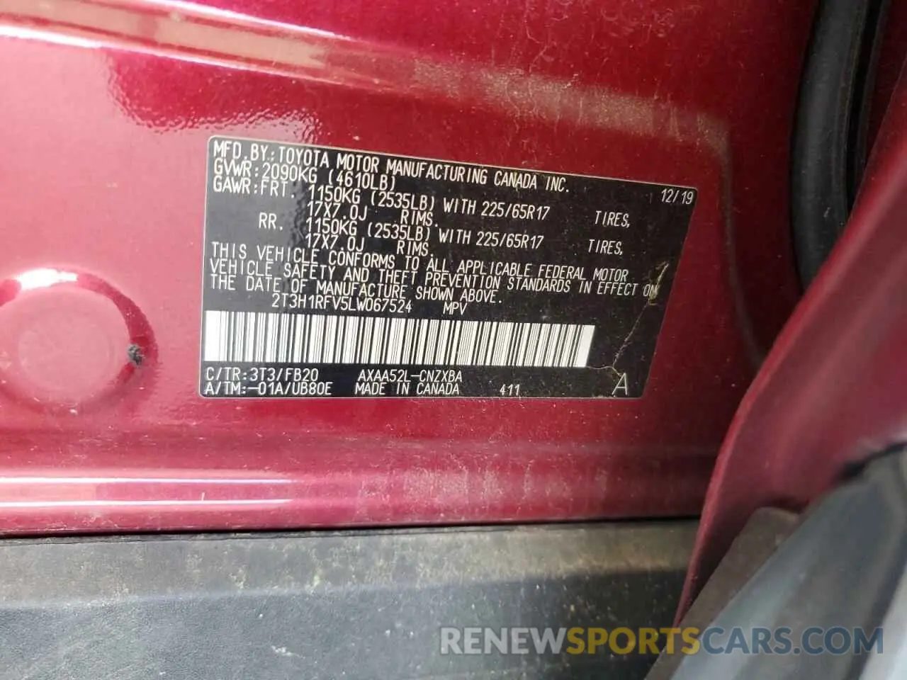 13 Photograph of a damaged car 2T3H1RFV5LW067524 TOYOTA RAV4 2020