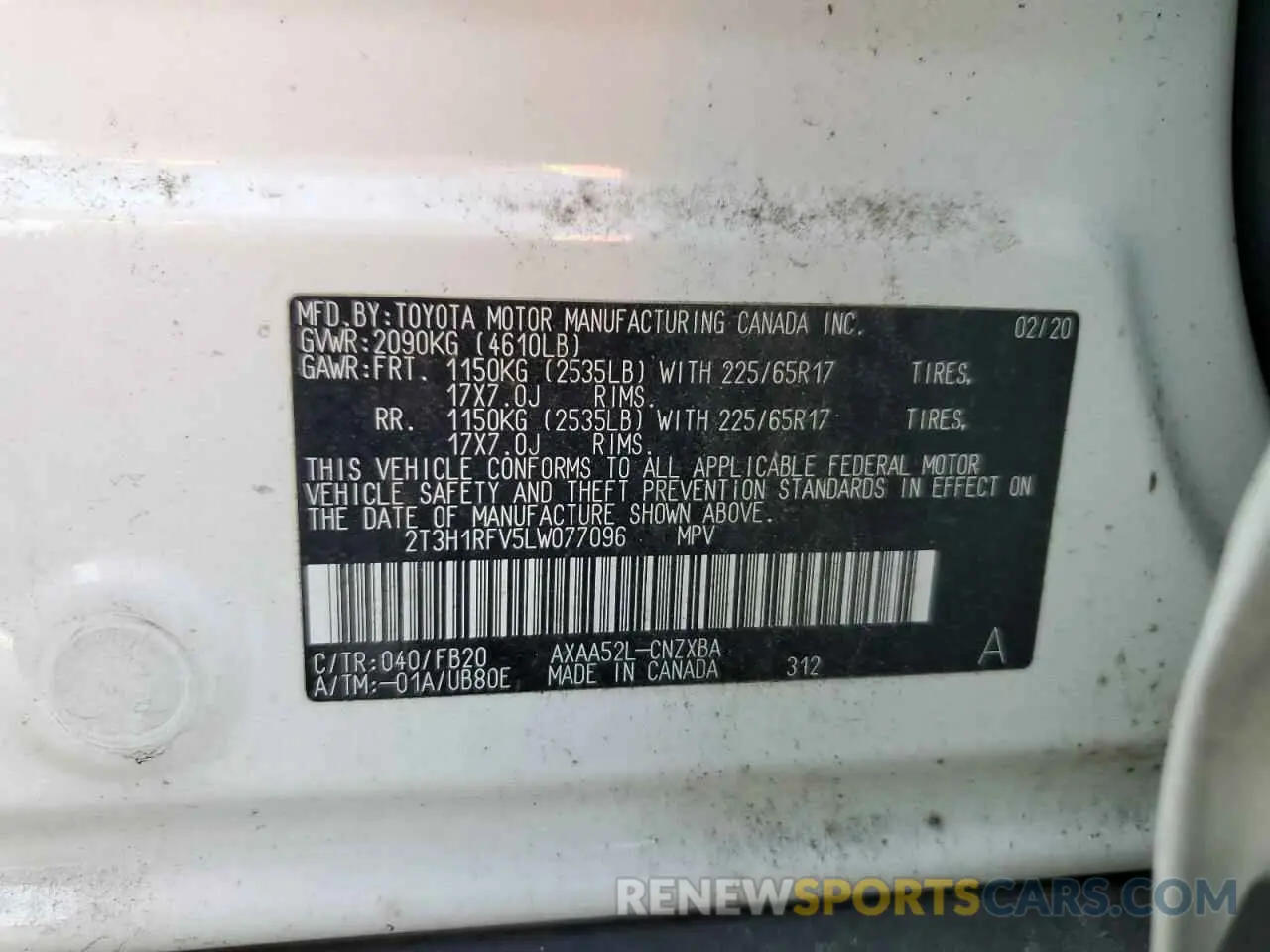 14 Photograph of a damaged car 2T3H1RFV5LW077096 TOYOTA RAV4 2020