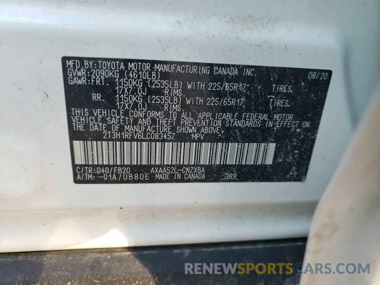 10 Photograph of a damaged car 2T3H1RFV6LC083457 TOYOTA RAV4 2020