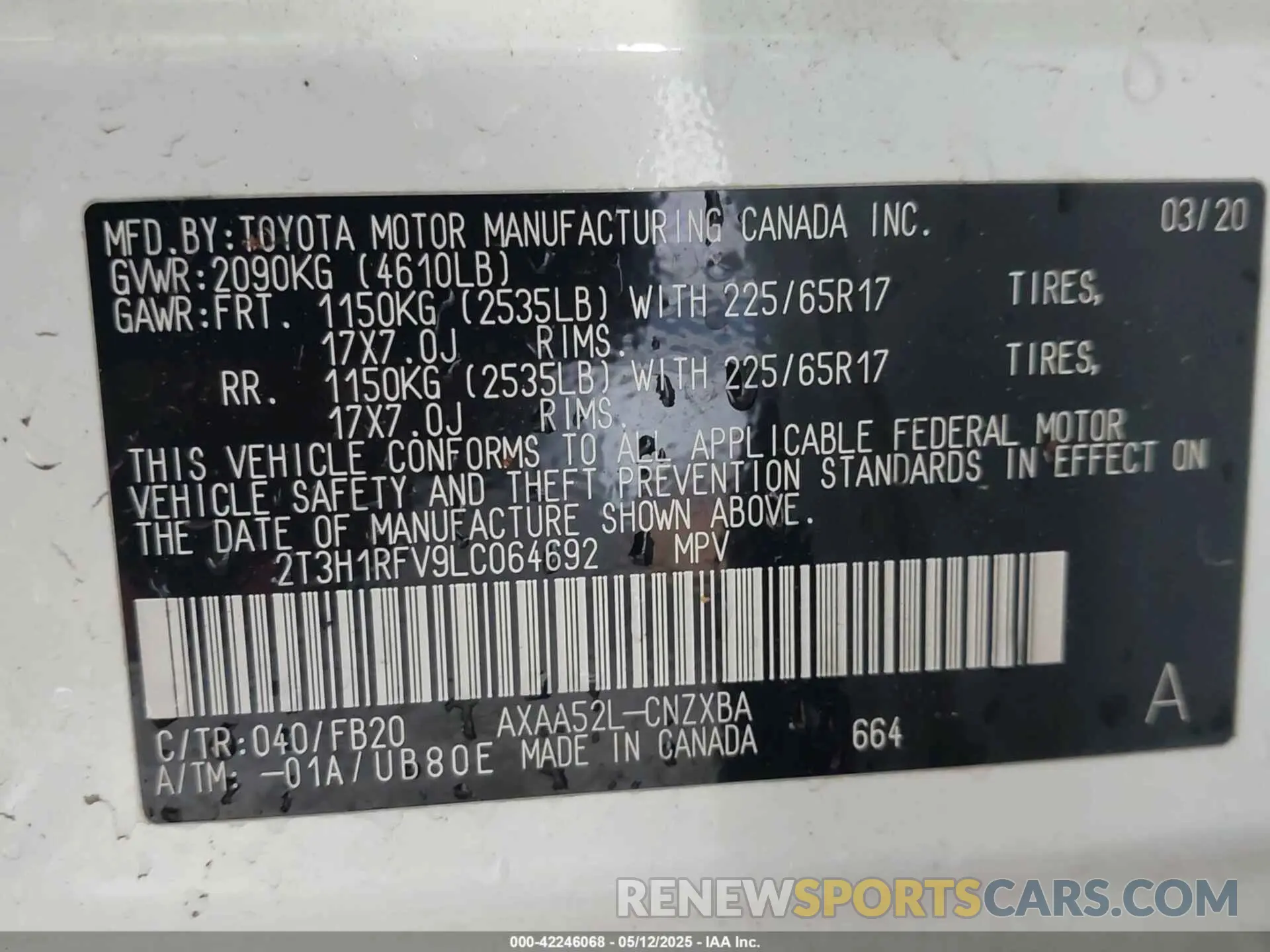 9 Photograph of a damaged car 2T3H1RFV9LC064692 TOYOTA RAV4 2020