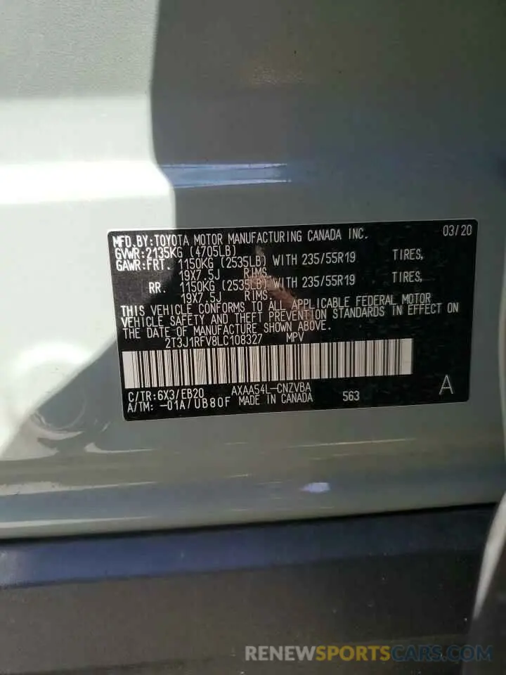 13 Фотография поврежденного автомобиля 2T3J1RFV8LC108327 TOYOTA RAV4 2020