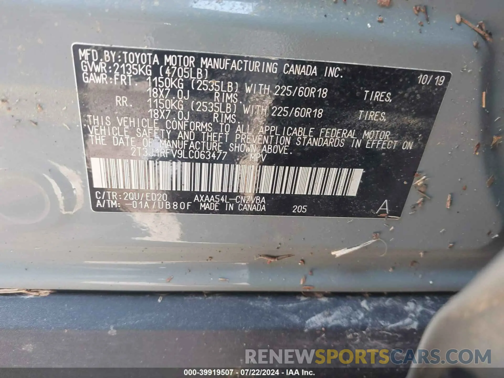 9 Photograph of a damaged car 2T3J1RFV9LC063477 TOYOTA RAV4 2020