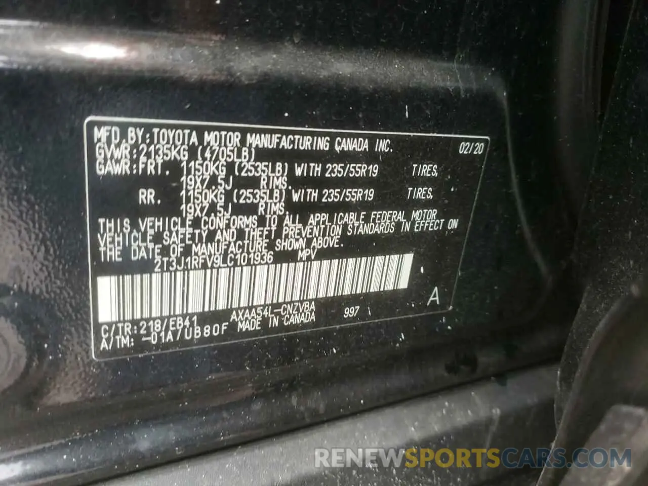 10 Photograph of a damaged car 2T3J1RFV9LC101936 TOYOTA RAV4 2020