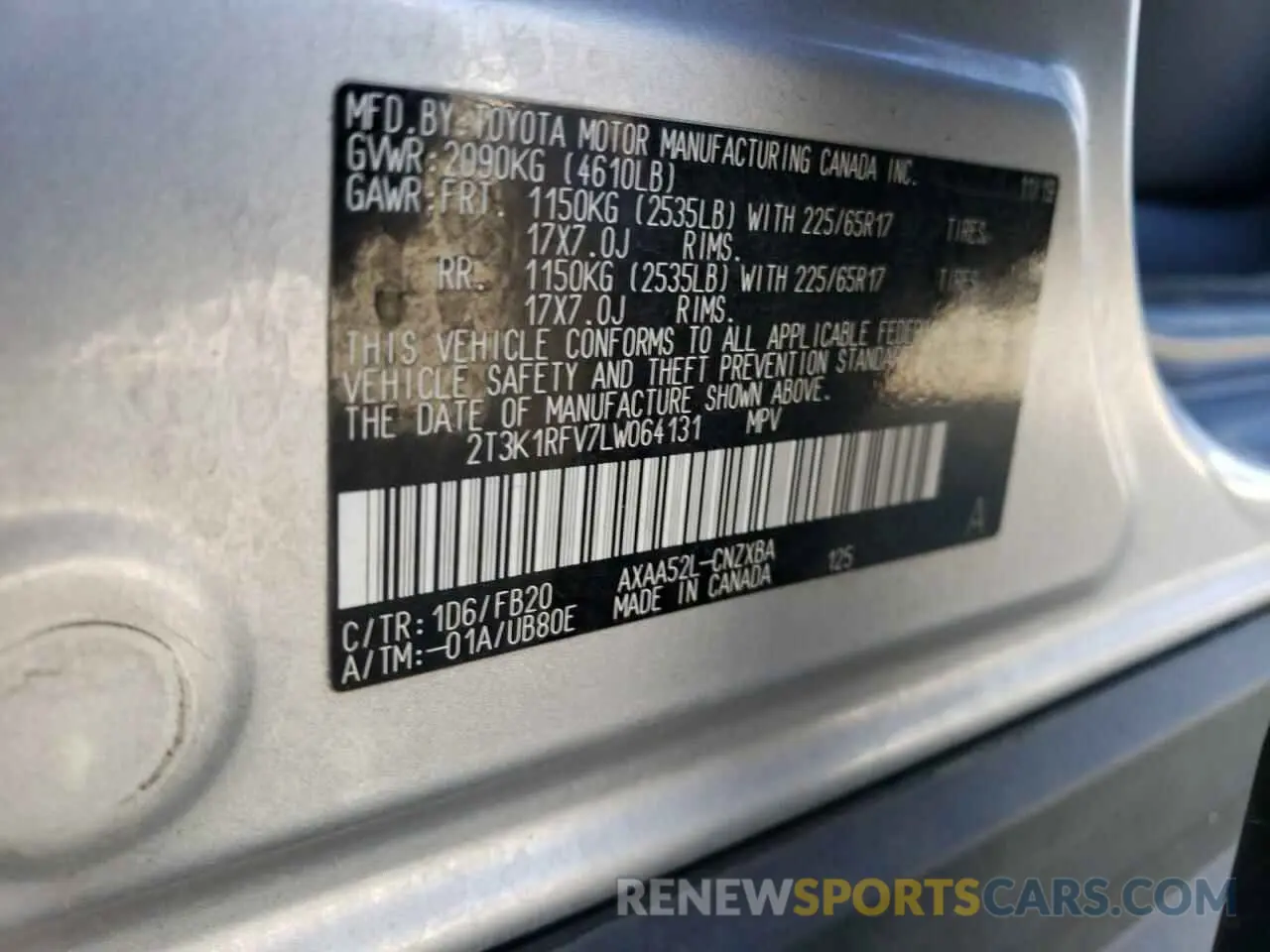 13 Фотография поврежденного автомобиля 2T3K1RFV7LW064131 TOYOTA RAV4 2020