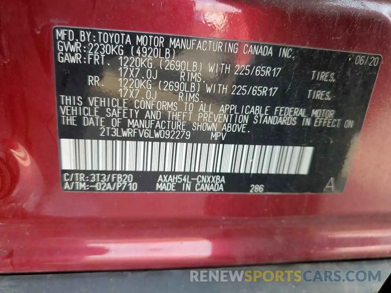 13 Фотография поврежденного автомобиля 2T3LWRFV6LW092279 TOYOTA RAV4 2020