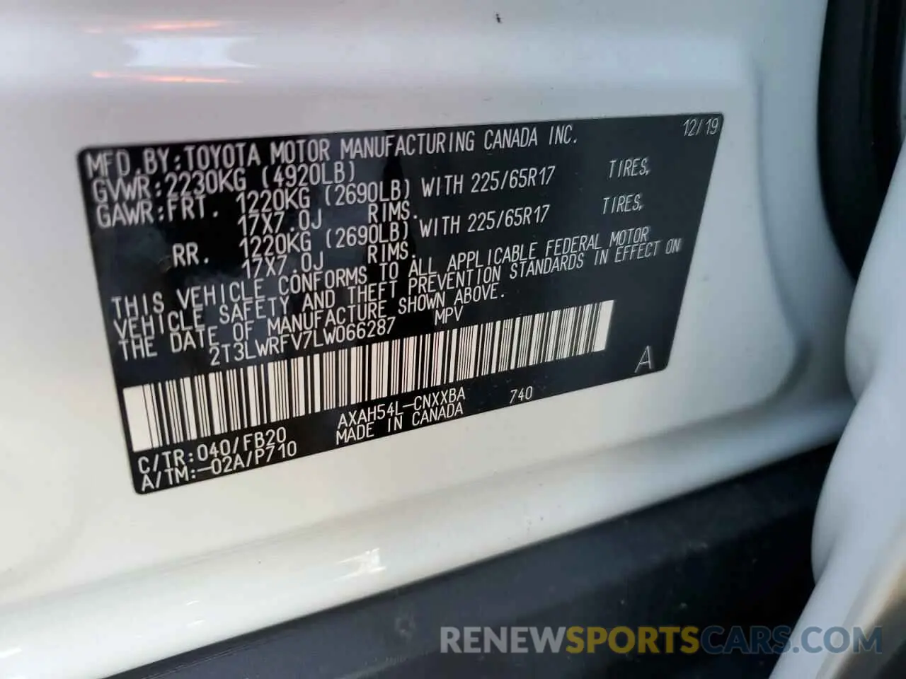 13 Photograph of a damaged car 2T3LWRFV7LW066287 TOYOTA RAV4 2020