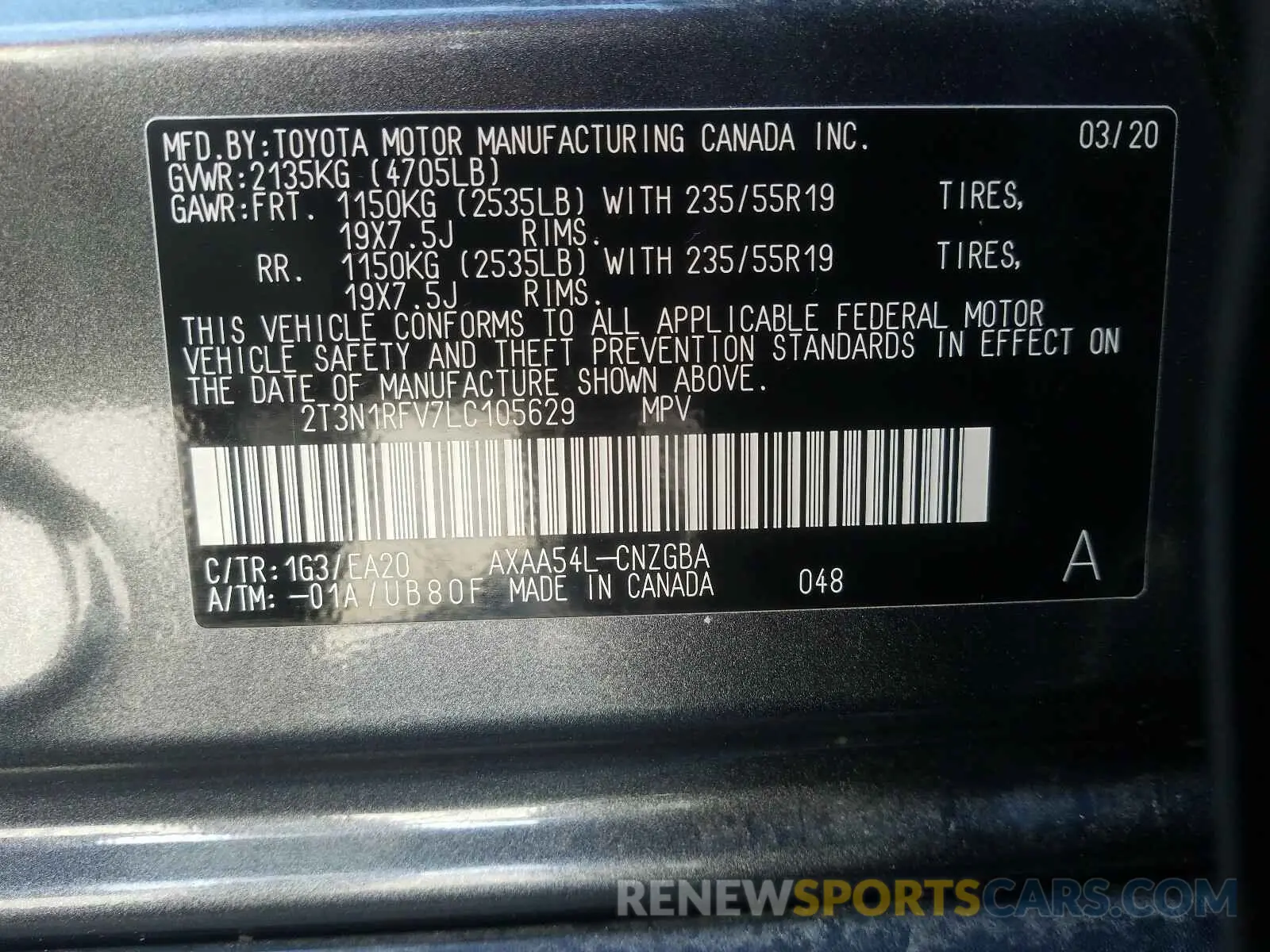 10 Photograph of a damaged car 2T3N1RFV7LC105629 TOYOTA RAV4 2020
