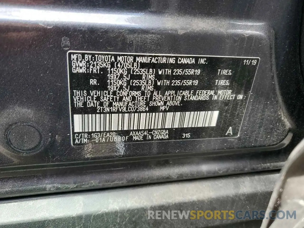 13 Photograph of a damaged car 2T3N1RFV9LC073864 TOYOTA RAV4 2020